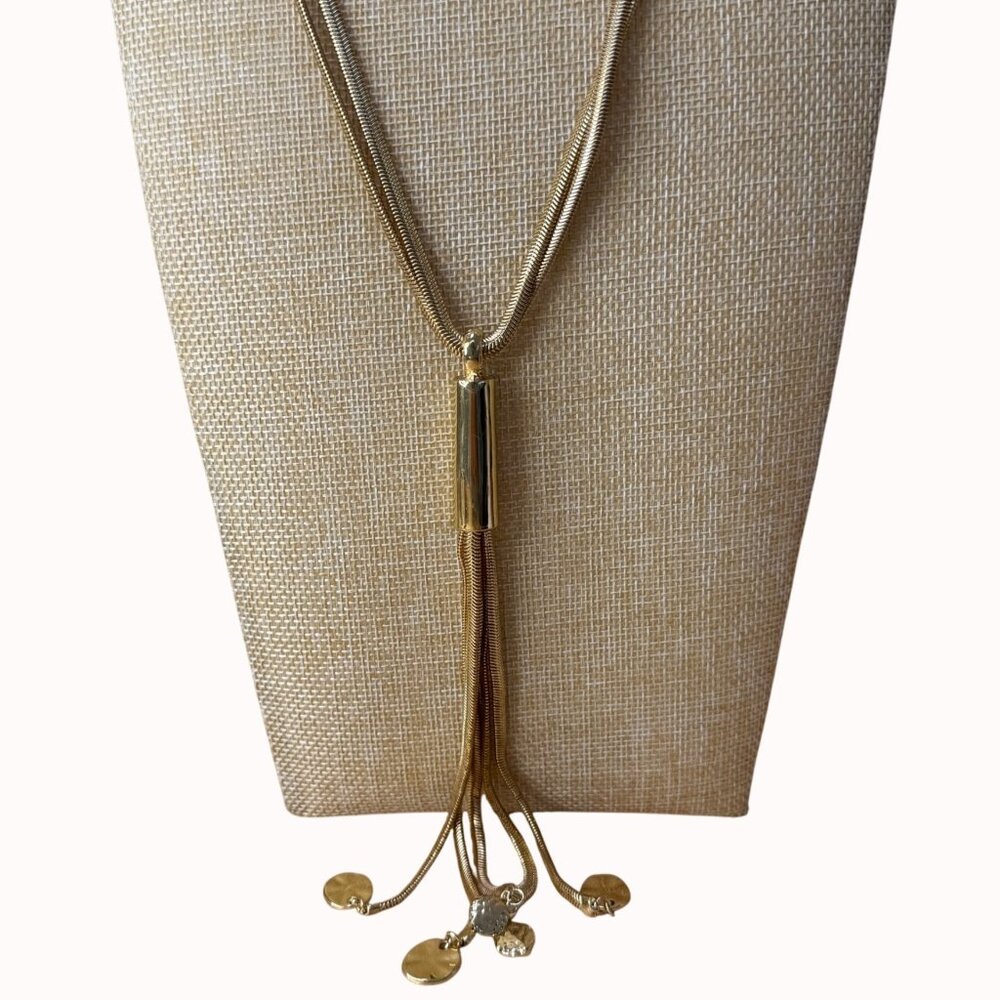 Long Gold-Tone Tassel Necklace With Cylinder Pendant & Dangling Charms By Chicos